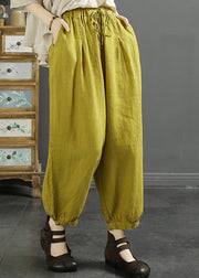 Boutique Yellow Green Oversized Pockets Linen Harem Pants Spring