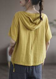 Boutique Yellow Hooded Pockets Cotton Sweatshirts Top Short Sleeve