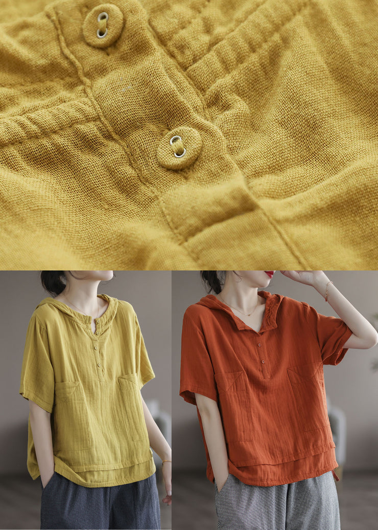 Boutique Yellow Hooded Pockets Cotton Sweatshirts Top Short Sleeve