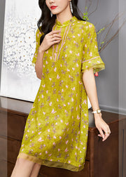 Boutique Yellow Mandarin Collar Floral Print Tulle Patchwork Silk Dresses Flare Sleeve