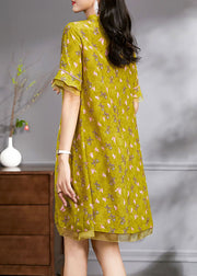 Boutique Yellow Mandarin Collar Floral Print Tulle Patchwork Silk Dresses Flare Sleeve