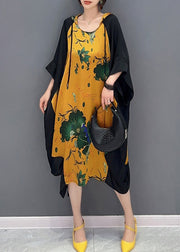 Boutique Yellow Neck Tie Print Party Hooded Long Dress Summer