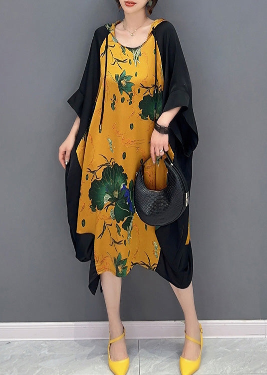 Boutique Yellow Neck Tie Print Party Hooded Long Dress Summer