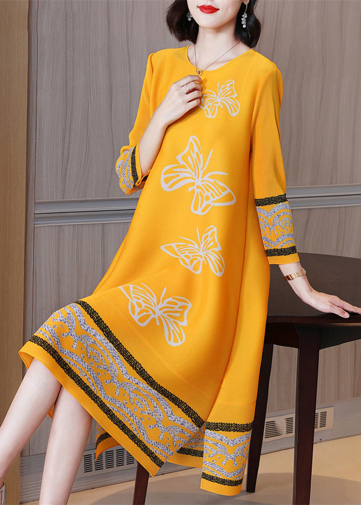 Boutique Yellow O-Neck Print Low High Desig Maxi Dresses Long Sleeve