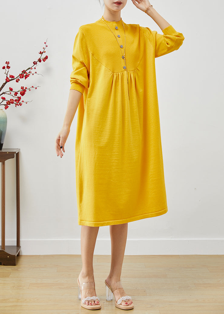 Boutique Yellow Oversized Patchwork Wrinkled Knit Holiday Dress Fall