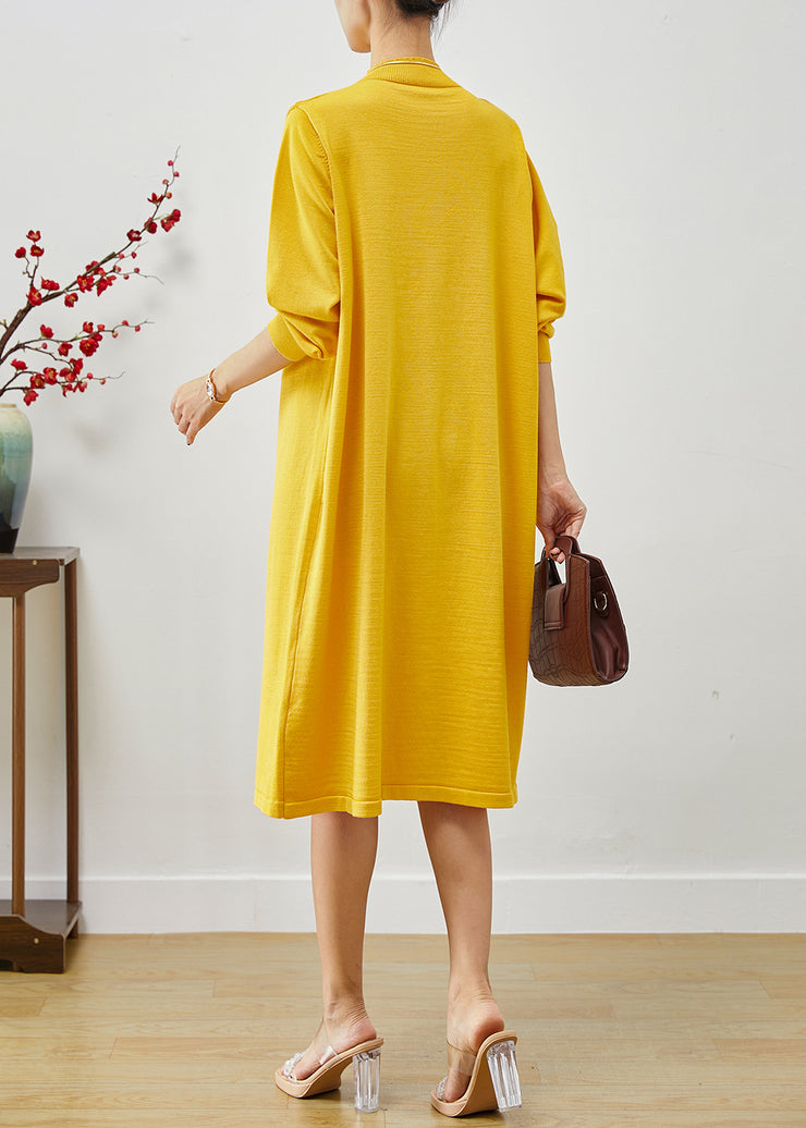 Boutique Yellow Oversized Patchwork Wrinkled Knit Holiday Dress Fall