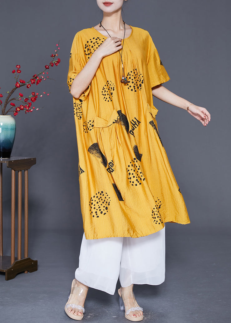 Boutique Yellow Oversized Print Pockets Linen Silk Dresses Summer