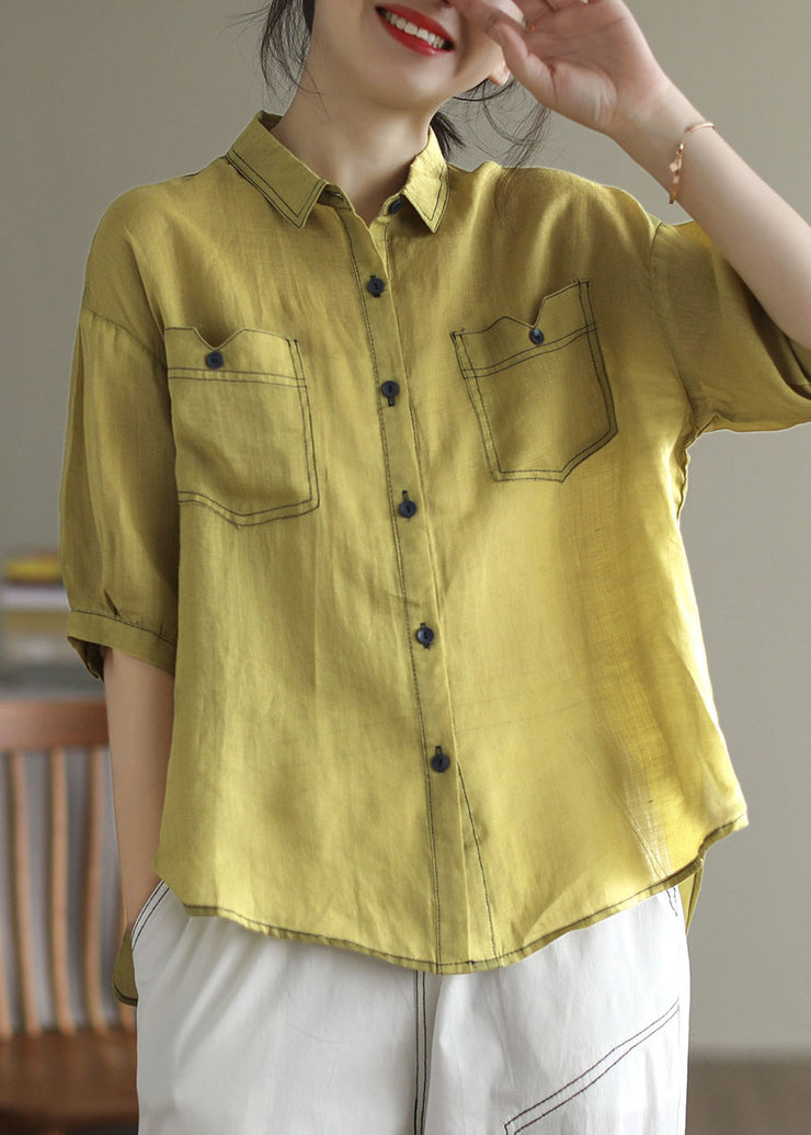 Boutique Yellow Peter Pan Collar Patchwork Linen Blouses Summer