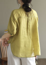Boutique Yellow Peter Pan Collar Patchwork Linen Blouses Summer