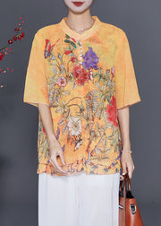 Boutique Yellow Print Chiffon Fake Two Piece Shirt Tops Summer