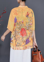 Boutique Yellow Print Chiffon Fake Two Piece Shirt Tops Summer