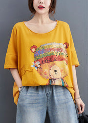 Boutique Yellow Print Cotton Blouse Tops Half Sleeve
