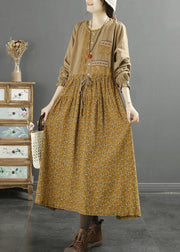 Boutique Yellow Print Drawstring Patchwork Cotton Dress Long Sleeve