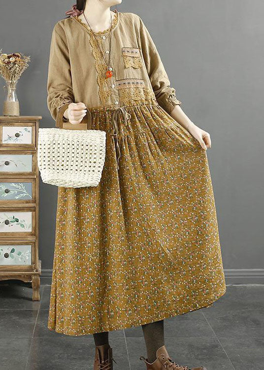 Boutique Yellow Print Drawstring Patchwork Cotton Dress Long Sleeve