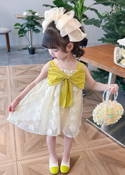 Boutique Yellow Ruffled Bow Patchwork Tulle Kids Girls Long Dress Summer