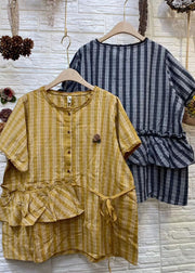 Boutique Yellow Ruffled Loose Plaid Linen Shirt Top Short Sleeve