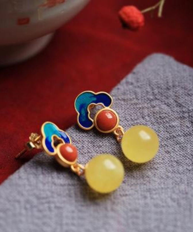 Boutique Yellow Sterling Silver Overgild Beeswax Agate Enamel Auspicious Cloud Drop Earrings