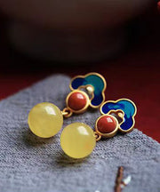 Boutique Yellow Sterling Silver Overgild Beeswax Agate Enamel Auspicious Cloud Drop Earrings