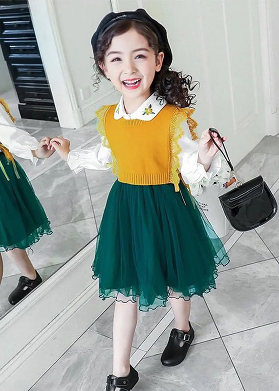 Boutique Yellow Tulle Lace Up Patchwork Knit Baby Girls Dress Two Pieces Set Fall