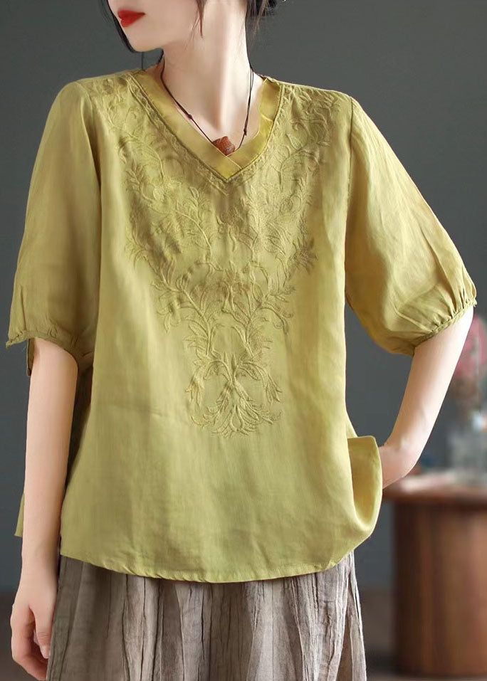 Boutique Yellow V Neck Embroidered Patchwork Linen T Shirt Summer