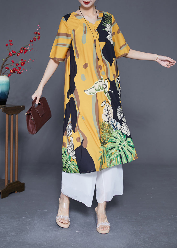 Boutique Yellow V Neck Print Silk Vacation Dress Summer