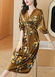 Boutique Yellow V Neck Wrinkled Pockets Print Patchwork Silk Dresses Summer