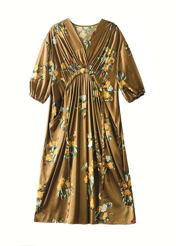 Boutique Yellow V Neck Wrinkled Pockets Print Patchwork Silk Dresses Summer