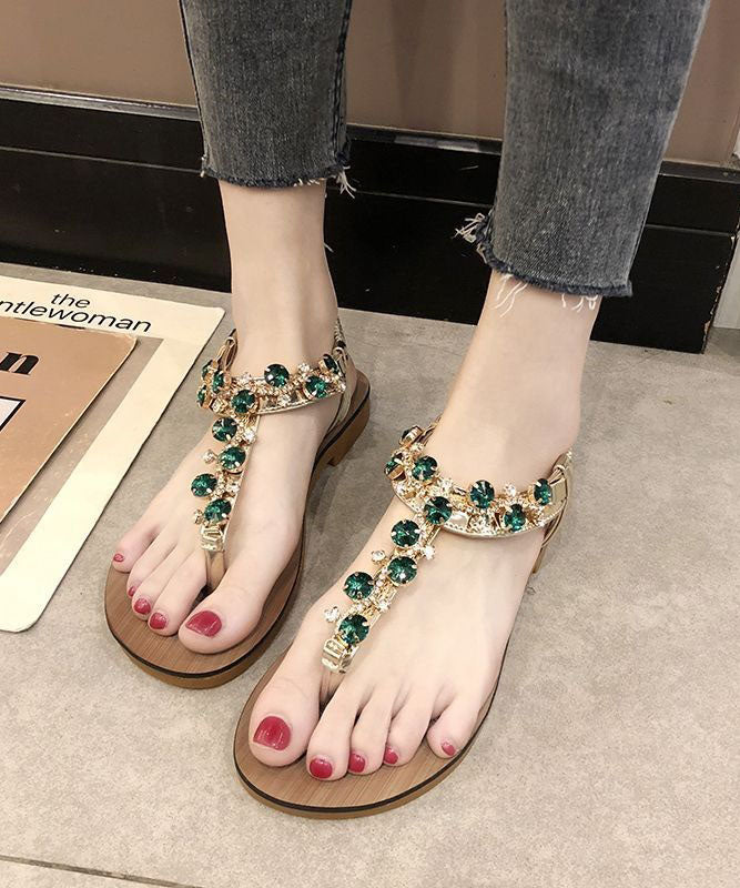Boutique Zircon Splicing Peep Toe Flat Sandals Green PU