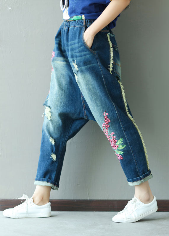 Boutique dark Blue Embroidered Pockets elastic waist ripped Jeans Spring
