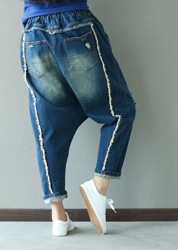 Boutique dark Blue Embroidered Pockets elastic waist ripped Jeans Spring