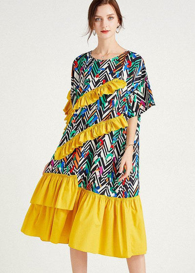Boutique Yellow Print Fashion Print Summer Sundress Half Sleeve - SooLinen