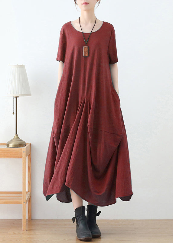 Brick Red Cotton Long Dress O-Neck Asymmetrical Design Short Sleeve