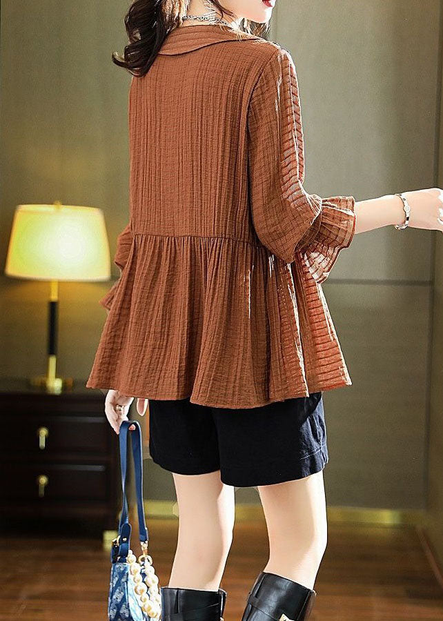 Brick Red Patchwork Cotton Blouse Top Peter Pan Collar Wrinkled Spring