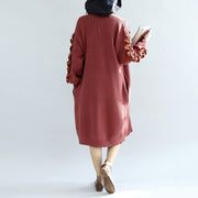 Brick red knit cardigans oversized sweater coats decorated sleeves