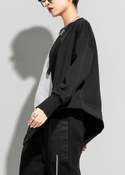 Kurzes schwarzes graues asymmetrisches Patchwork-T-Shirt mit langem Ärmel und O-Ausschnitt