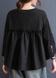 Kurzes schwarzes Patchwork-Sweatshirt mit O-Ausschnitt und Spitze, dreiviertel Ärmel