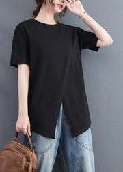 Brief Black O-Neck Open Solid Cotton T Shirt Short Sleeve