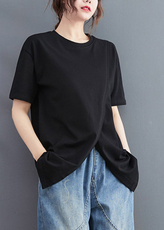 Brief Black O-Neck Open Solid Cotton T Shirt Short Sleeve