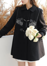 Brief Black Sailor Collar Print Tassel Button Thick Woolen Trench Coat Winter