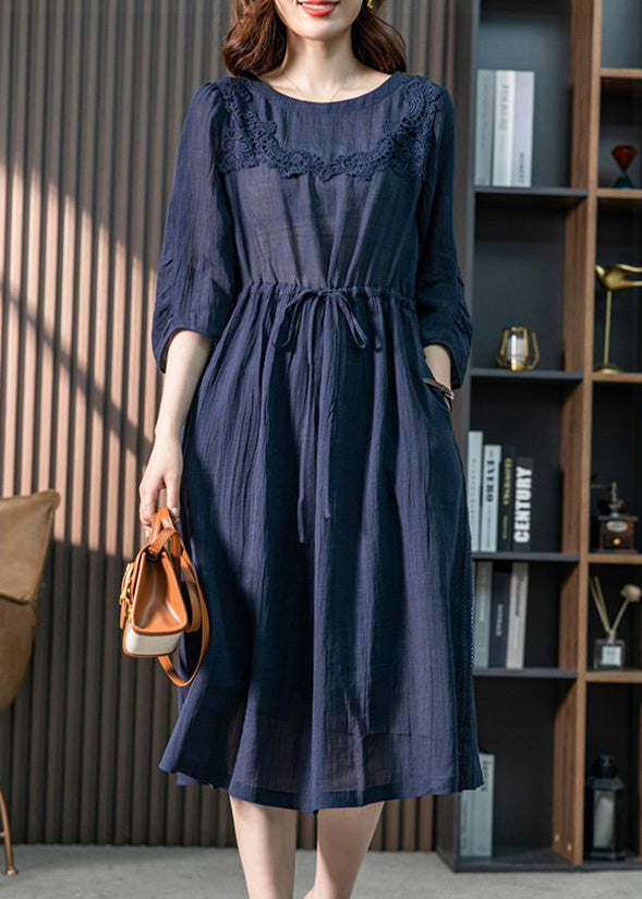Brief Blue O-Neck Lace Patchwork Tie Waist Linen Long Dresses Spring