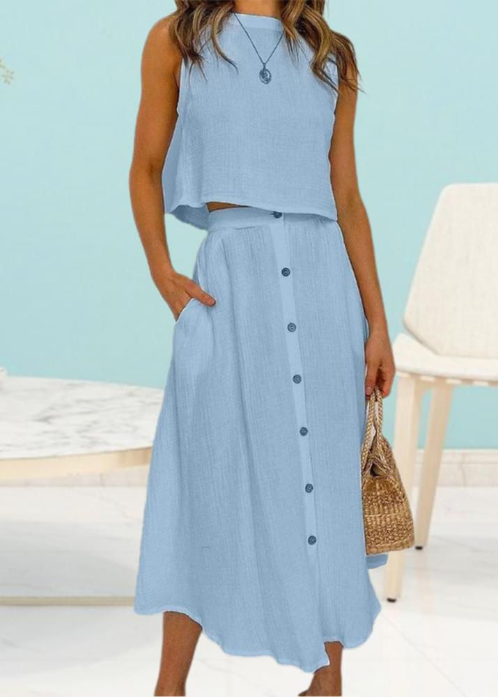 Brief Blue O-Neck Solid Top And Maxi Skirts Two Piece Set Summer