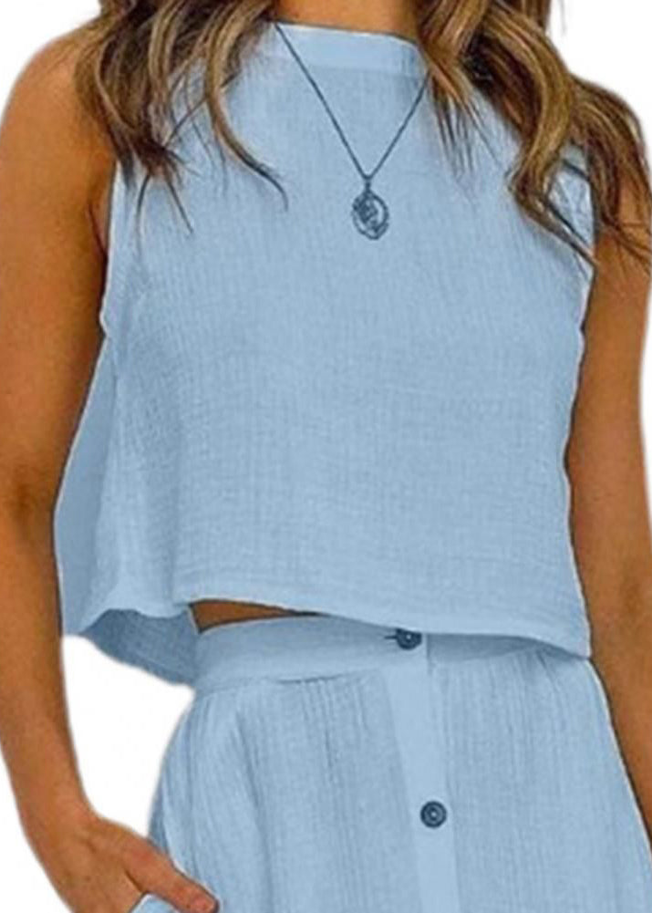 Brief Blue O-Neck Solid Top And Maxi Skirts Two Piece Set Summer