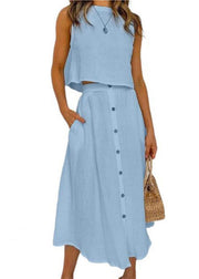 Brief Blue O-Neck Solid Top And Maxi Skirts Two Pieces Set Summer