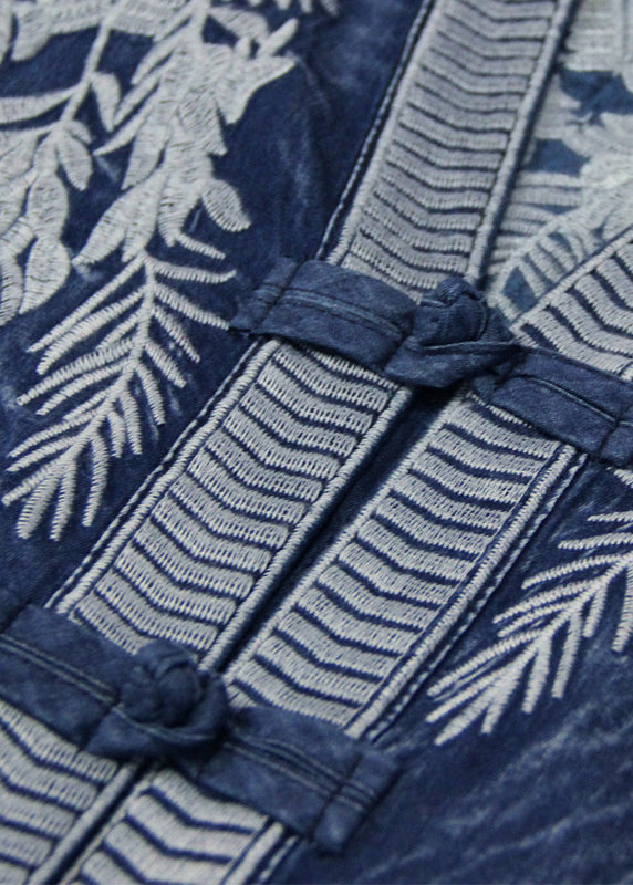 Brief Blue V Neck Embroidered Cotton A Line Dress Half Sleeve