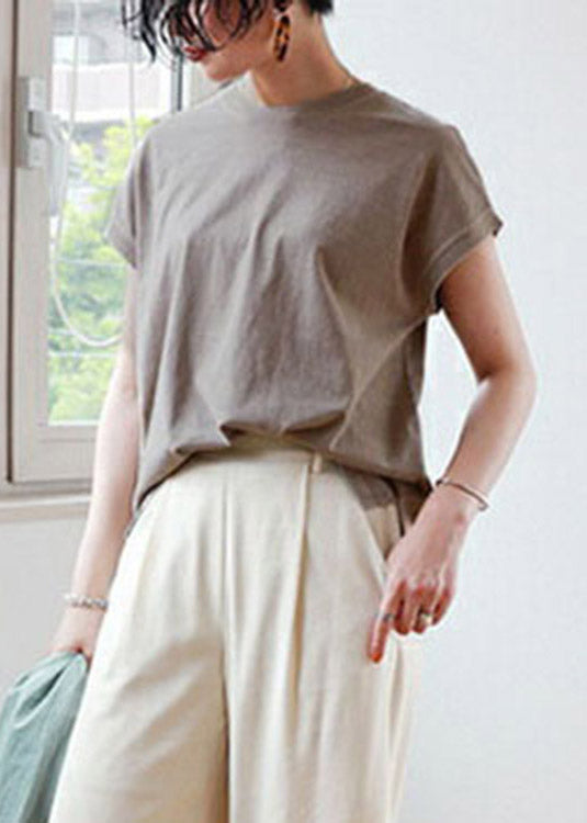 Brief Camel O-Neck Side Open Cotton T Shirt Short Sleeve