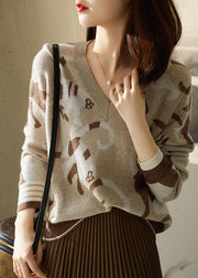 Brief Camel V Neck Print Woolen Knit Sweaters Long Sleeve