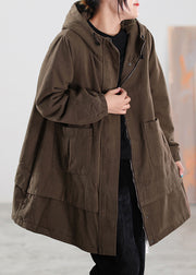Brief Chocolate Zippered Button Pockets Drawstring Hooded Coats Winter