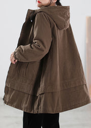 Brief Chocolate Zippered Button Pockets Drawstring Hooded Coats Winter