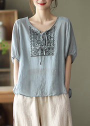 Brief Dusty Blue O-Neck Embroidered Lace up Linen Tops Half Sleeve