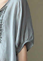 Brief Dusty Blue O-Neck Embroidered Lace up Linen Tops Half Sleeve